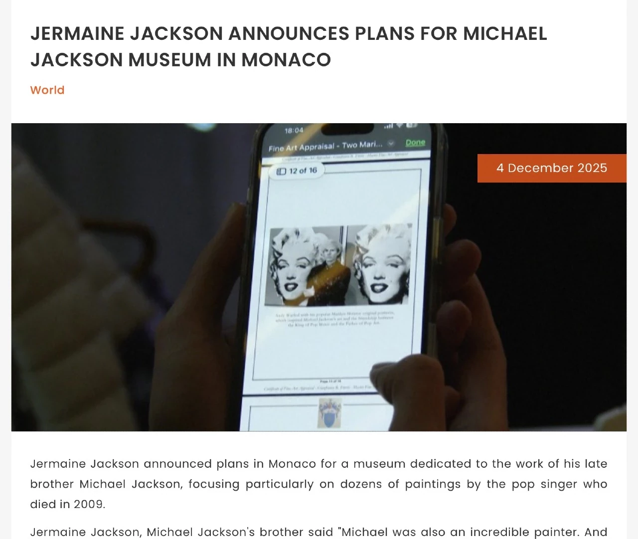 JERMAINE JACKSON ANNOUNCES PLANS FOR MICHAEL JACKSON MUSEUM IN MONACO